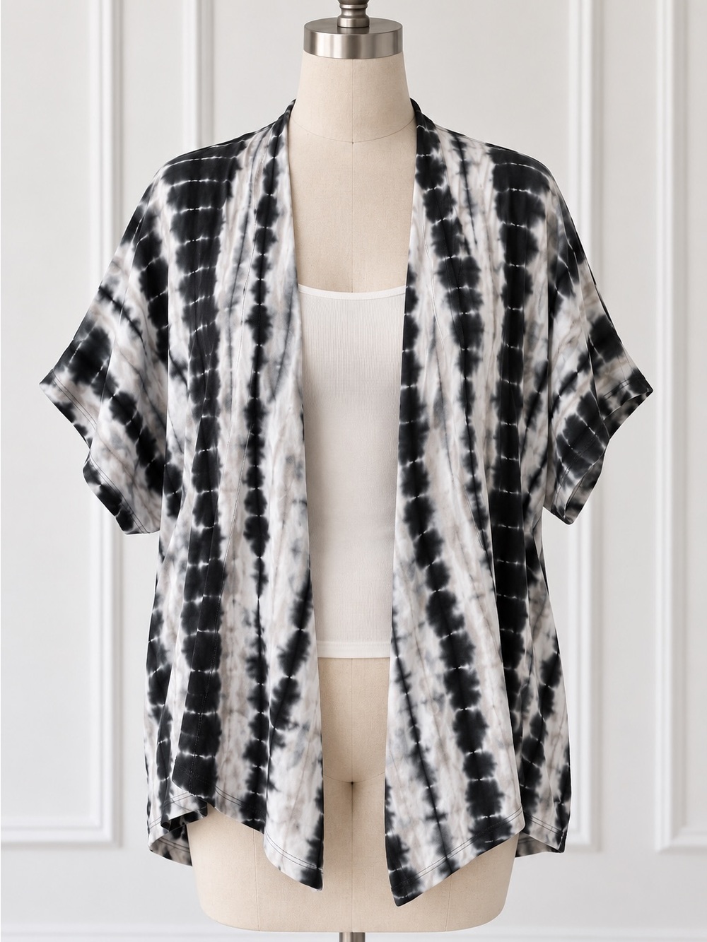 SHEIN Black & White Tie-Dye Open Front Cardigan